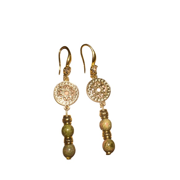 Elegant Gold and Unakite  Earrings-18k Gold Plated - Picture 3 of 5